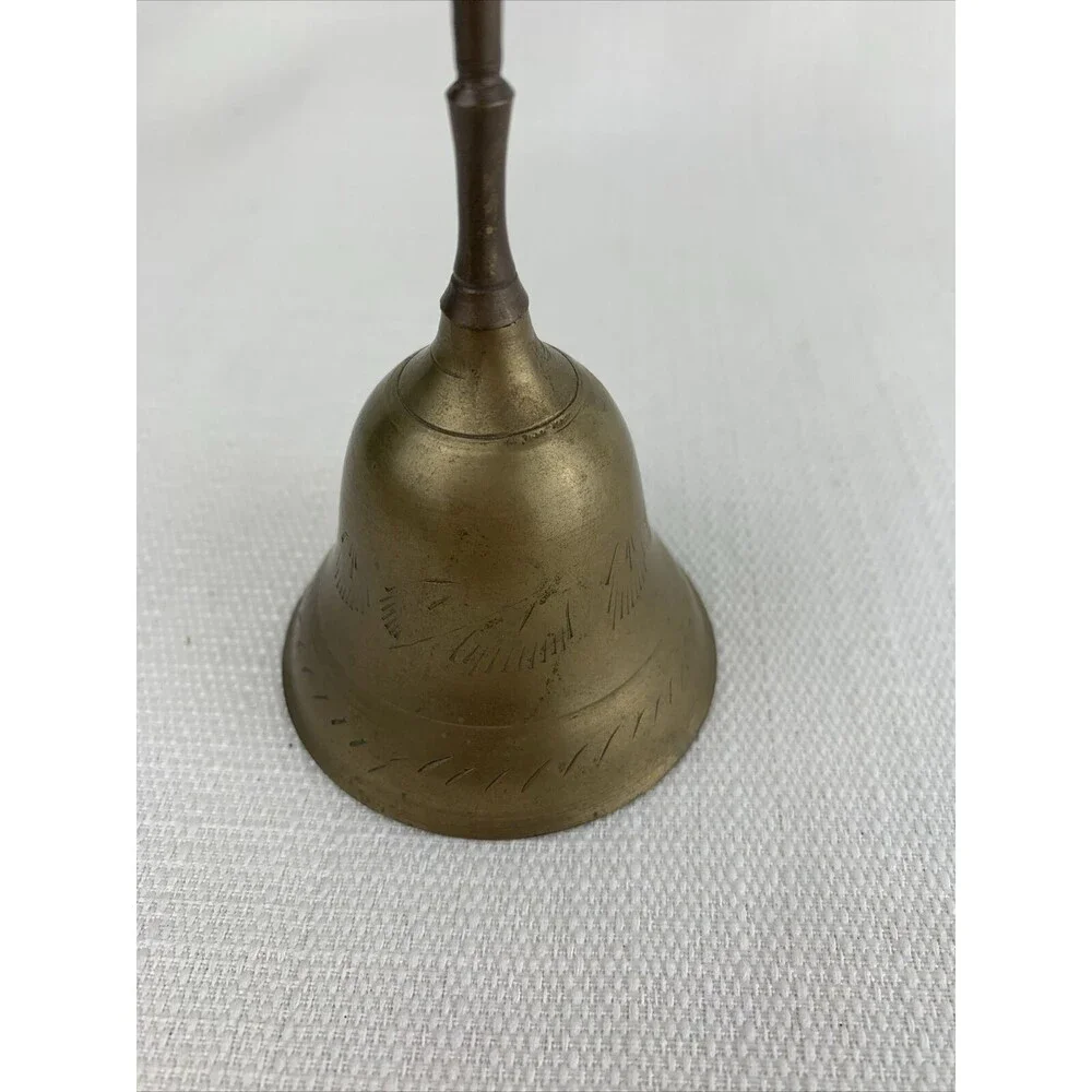 Vintage 6” Etched Brass Bell Made‎ In India Hand Bell Ringer Dinner Table